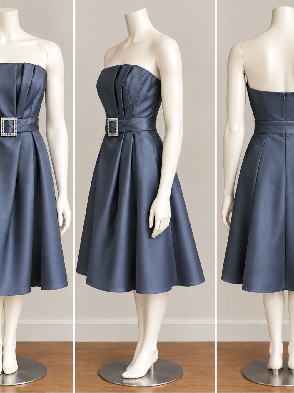 David's Bridal Strapless Satin Fit-and-Flare Dress in Navy